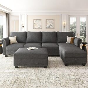 Nolany Sectional Couch with Chaise, L Shaped Convertible Sofa Couch with Storage Ottoman Sectional Sofa Set for Living Room Furniture Sets Dark Grey