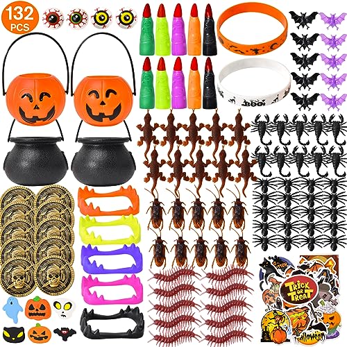 136Pcs Halloween Party Favors-Halloween Toys Assortment for Kids-Mini Candy Cauldron Kettles with Halloween Toys in Bulk-Trick or Treat, Goodie Bags Stuffers, Carnival Prizes, Party Supplies