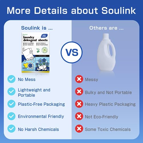 Soulink Laundry Detergent Sheets Up to 80 Loads, Eco Friendly Detergent Strips for Travel & Home - No Plastic Jug Soap sheets, Plant-based, Hypoallergenic. Safe for Sensitive Skin (Fresh Linen)