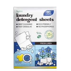 soulink laundry detergent sheets up to 80 loads, eco friendly detergent strips for travel & home - no plastic jug soap sheets, plant-based, hypoallergenic. safe for sensitive skin (fresh linen)