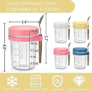 JQSSHXB 4 Pack Overnight Oats Containers with Lids and Spoons 16 Oz Glass Mason Jars for Overnight Oats Leak Proof Oatmeal Jars Great for Cereal Milk Vegetable Pudding Salad Yogurt Meal Prep