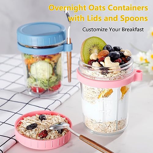 JQSSHXB 4 Pack Overnight Oats Containers with Lids and Spoons 16 Oz Glass Mason Jars for Overnight Oats Leak Proof Oatmeal Jars Great for Cereal Milk Vegetable Pudding Salad Yogurt Meal Prep