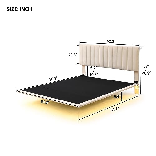 Prohon Upholstered Platform Bed Floating Bedframe with Sensor Light & Tufted Headboard, Queen Bed Frame No Box Spring Needed, Velvet Bed Frames Queen Size for Kids, Teen & Adults, Beige