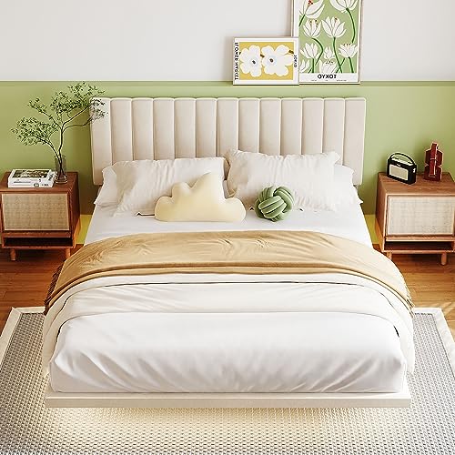 Prohon Upholstered Platform Bed Floating Bedframe with Sensor Light & Tufted Headboard, Queen Bed Frame No Box Spring Needed, Velvet Bed Frames Queen Size for Kids, Teen & Adults, Beige