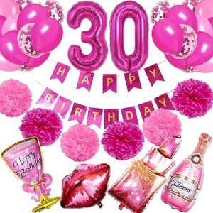 crenics rose pink 30th birthday decorations for women - happy birthday banner, paper pom poms, 30 number balloon, lipstick champagne balloons and 24 latex balloons for women 30 birthday party supplies