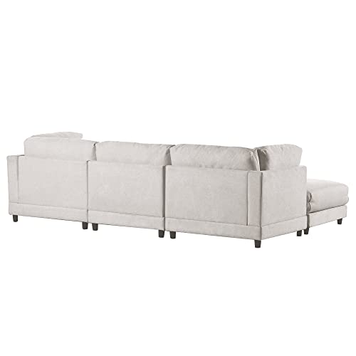 WILLIAMSPACE 110" Sectional Sofa Couch for Living Room, Modern L-Shape Sofa with Convertible Ottoman, Upholstered Modular Sofa with 4 Waist Pillows, Beige