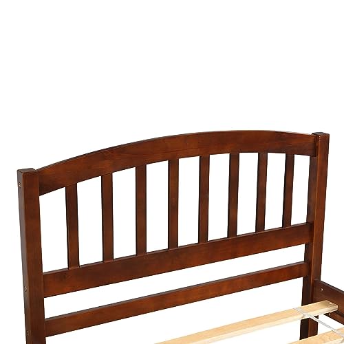 DUNTRKDU Twin Size Solid Wood Platform Bed with Trundle, Wood Bedframe, Twin Platform Bed with Headboard and Wooden Slat Support, No Spring Box Needed, Easy Assemble (Walnut)