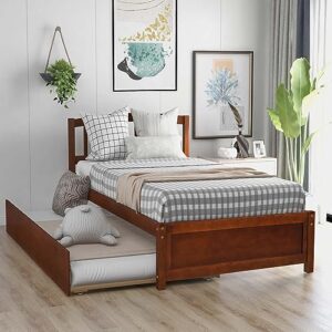 duntrkdu twin size solid wood platform bed with trundle, wood bedframe, twin platform bed with headboard and wooden slat support, no spring box needed, easy assemble (walnut)