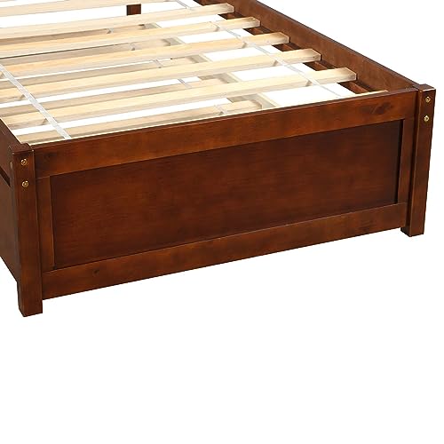 DUNTRKDU Twin Size Solid Wood Platform Bed with Trundle, Wood Bedframe, Twin Platform Bed with Headboard and Wooden Slat Support, No Spring Box Needed, Easy Assemble (Walnut)