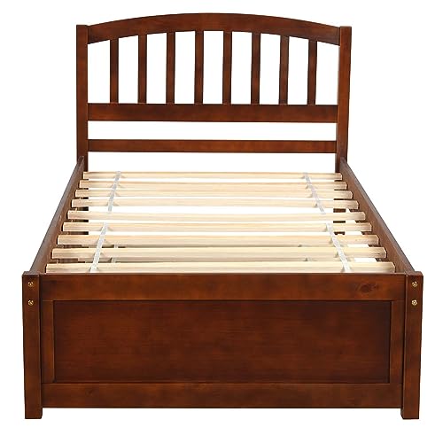 DUNTRKDU Twin Size Solid Wood Platform Bed with Trundle, Wood Bedframe, Twin Platform Bed with Headboard and Wooden Slat Support, No Spring Box Needed, Easy Assemble (Walnut)