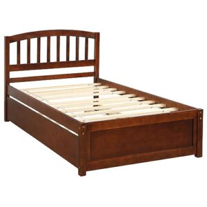 DUNTRKDU Twin Size Solid Wood Platform Bed with Trundle, Wood Bedframe, Twin Platform Bed with Headboard and Wooden Slat Support, No Spring Box Needed, Easy Assemble (Walnut)