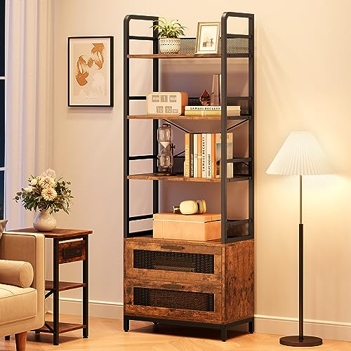 IDEALHOUSE Bookshelf with Drawers Industrial Bookcase with 4 Tiers Open Storage Shelves Rustic Bookshelves 70.87" Tall Display Racks Farmhouse Bookshelf for Bedroom, Living Room, Home Office, Brown