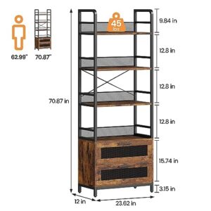 IDEALHOUSE Bookshelf with Drawers Industrial Bookcase with 4 Tiers Open Storage Shelves Rustic Bookshelves 70.87" Tall Display Racks Farmhouse Bookshelf for Bedroom, Living Room, Home Office, Brown