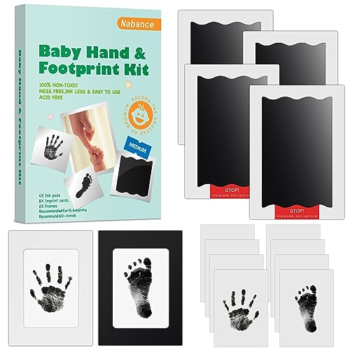 Nabance Baby Hand and Footprint Kit, Newborn Inkless Hand and Footprint kit, 4 Inkless Print Pads with 2 Photo Frames, 8 Imprint Cards, Safe No Mess Clean Touch Ink Pads for Babies 0-6 Months