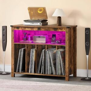 YITAHOME Large Record Player Stand with Power Outlets & LED Lights, Vinyl Record Storage Table with Display Shelf Holds Up to 200 Albums, Turntable Stand for Living Room, Bedroom, Brown