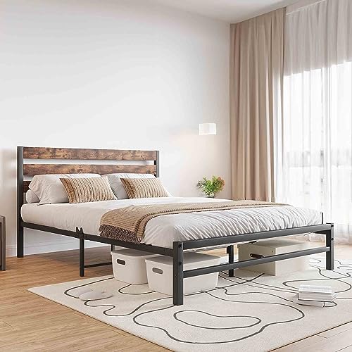 RIDFY Queen Bed Frame with Rustic Vintage Wood Headboard, Platform Bed Frame, Mattress Foundation, Strong Metal Slats Support,No Box Spring Needed,Easy Assembly,Noise-Free, Country Style, Brown