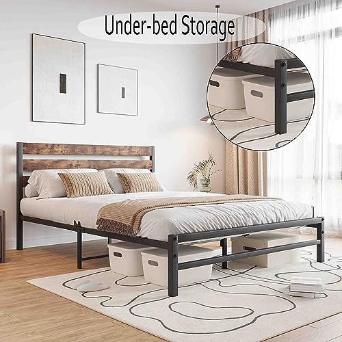 RIDFY Queen Bed Frame with Rustic Vintage Wood Headboard, Platform Bed Frame, Mattress Foundation, Strong Metal Slats Support,No Box Spring Needed,Easy Assembly,Noise-Free, Country Style, Brown