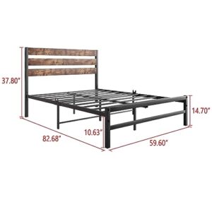 RIDFY Queen Bed Frame with Rustic Vintage Wood Headboard, Platform Bed Frame, Mattress Foundation, Strong Metal Slats Support,No Box Spring Needed,Easy Assembly,Noise-Free, Country Style, Brown