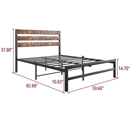 RIDFY Queen Bed Frame with Rustic Vintage Wood Headboard, Platform Bed Frame, Mattress Foundation, Strong Metal Slats Support,No Box Spring Needed,Easy Assembly,Noise-Free, Country Style, Brown