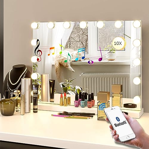 BENDIC 22.8"x 18.1" Vanity Mirror Makeup Mirror with Lights,10X Magnification,Large Hollywood Bluetooth Lighted Vanity Mirror with 15 LED Bulbs & Speaker,3 Color Modes,Touch Control for Wall-Mounted