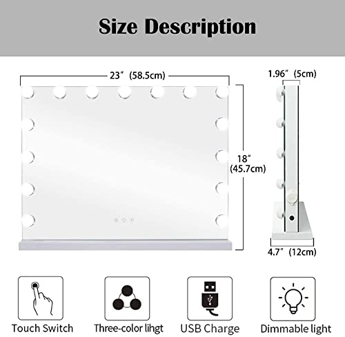 BENDIC 22.8"x 18.1" Vanity Mirror Makeup Mirror with Lights,10X Magnification,Large Hollywood Bluetooth Lighted Vanity Mirror with 15 LED Bulbs & Speaker,3 Color Modes,Touch Control for Wall-Mounted