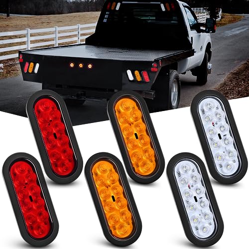 Nilight 6Inch Oval Trailer Tail Light 6PCS Red Amber White 10LED with Flush Mount Grommets Plugs IP67 Waterproof Brake Turn Signals Reverse Lights for RV Truck Trailer, 2 Years Warranty