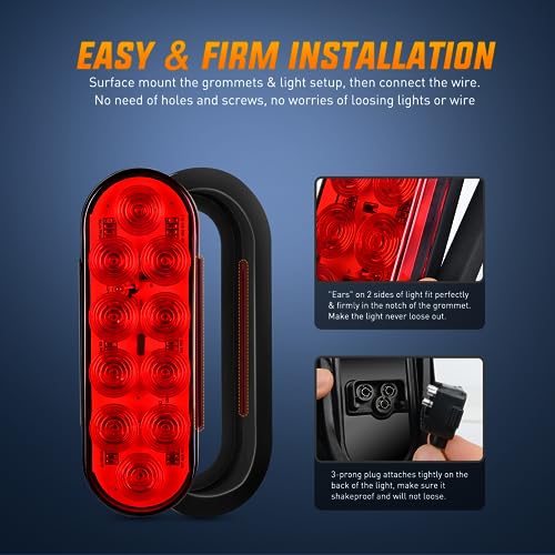 Nilight 6Inch Oval Trailer Tail Light 6PCS Red Amber White 10LED with Flush Mount Grommets Plugs IP67 Waterproof Brake Turn Signals Reverse Lights for RV Truck Trailer, 2 Years Warranty