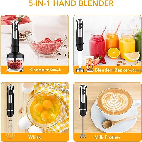 Handheld Blender, Immersion Electric Mixer, 5-in-1 Hand Blender, 800W Powerful Copper Motor, 12 Speed Turbo Mode, 20oz Beaker, 17oz Food Chopper for Smoothies, Whisk for Home Kitchen