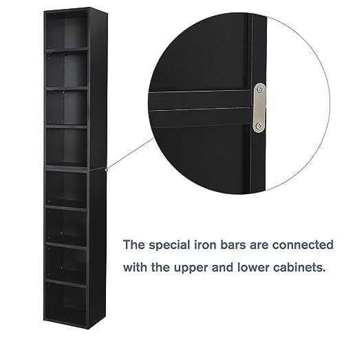 VKKILPEE Slim Media Tower Rack with Adjustable Shelves, 8-Tier Tall Narrow Storage Cabinet CD Display Rack Bookshelf, Multifunctional Double-Decker Bookcase for Home Office & Apartment, Black