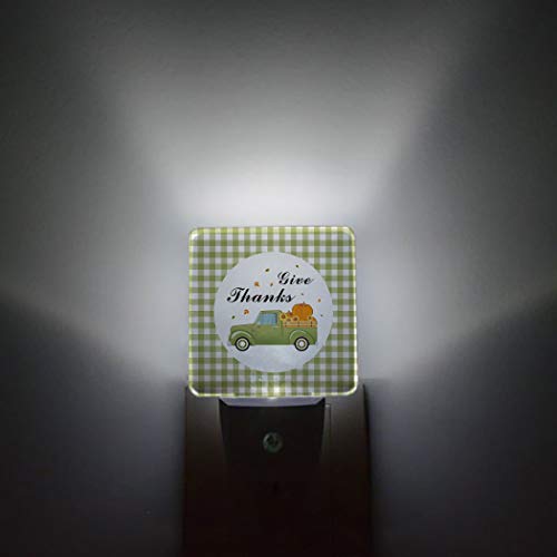 Thanksgiving Night Lights Plug-in, Thanksgiving Green Truck Pull Pumpkin LED Nightlight with Auto Dusk-to-Dawn Sensor Cool White Light& Ultra Low Power for Bedroom/Bathroom/Hallway/Kid's Room