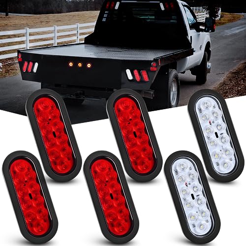 Nilight 6Inch Oval Trailer Tail Light 6PCS Red White 10LED with Flush Mount Grommets Plugs IP67 Waterproof Brake Turn Signals Reverse Lights for RV Truck Trailer, 2 Years Warranty