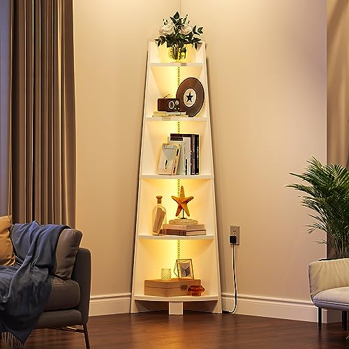 YITAHOME Corner Shelf Stand with Led Light, 70.9" Ladder Corner Bookshelf, Modern 5 Tier Corner Bookcase, Wooden Open Display Shelving Storage Rack for Bedroom, Living Room, Home Office, White