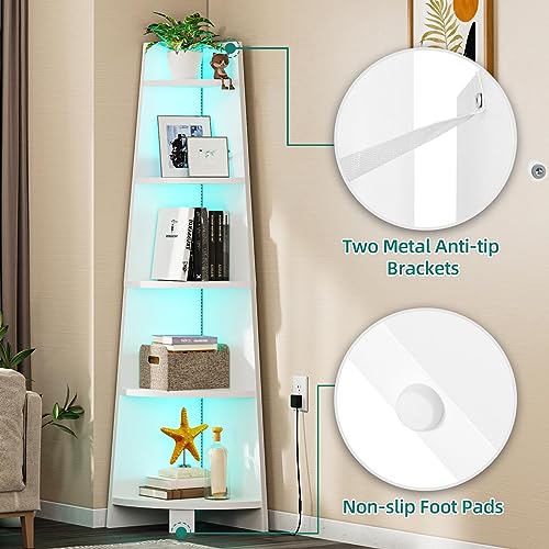 YITAHOME Corner Shelf Stand with Led Light, 70.9" Ladder Corner Bookshelf, Modern 5 Tier Corner Bookcase, Wooden Open Display Shelving Storage Rack for Bedroom, Living Room, Home Office, White