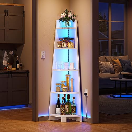 YITAHOME Corner Shelf Stand with Led Light, 70.9" Ladder Corner Bookshelf, Modern 5 Tier Corner Bookcase, Wooden Open Display Shelving Storage Rack for Bedroom, Living Room, Home Office, White