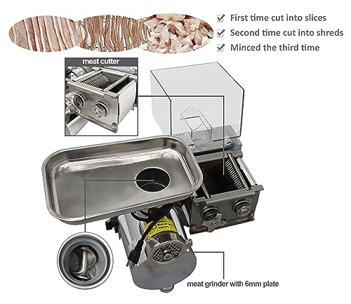 TECHTONGDA Electric Meat Cutter Slicer Grinder Crusher Commercial Shredded Diced for Steak Beef Pork 5mm Cutter and 6mm Plate for Grinder