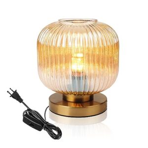 auwieou modern table lamps gold table lamp amber ribbed glass shade desk lamp bedside table lamp nightstand lamp small table lamp for bedroom living room office end table side