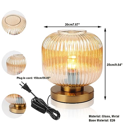 Auwieou Modern Table Lamps Gold Table lamp Amber Ribbed Glass Shade Desk lamp Bedside Table lamp nightstand lamp Small Table lamp for Bedroom Living Room Office end Table Side