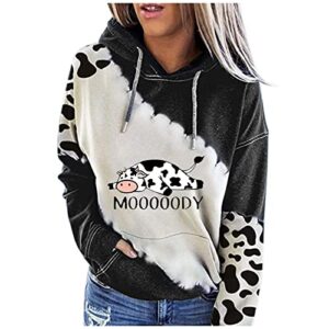 cotecram hoodies fall fashion 2023 oversized cute cow print sweatshirt casual long sleeve y2k hoodie pockets pullover loose fit tunic winter tops clothes for teen girls comy shirts(a black,medium)