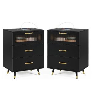 3 drawer nightstand set of 2 black modern nightstands with usb charge, glass door, gold leg and handle, bedside cabinet furniture side table chest for bedroom