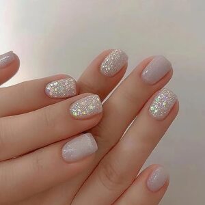 Short Press on Nails Square Press on Nails Solid Color Nude Glitter Glossy Fake Nails Full Cover Acrylic Glue on Nails Cute Stick on Nails Manicure Art for Women 24pcs