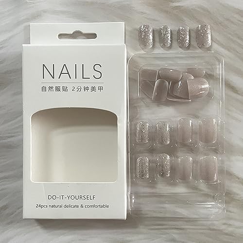 Short Press on Nails Square Press on Nails Solid Color Nude Glitter Glossy Fake Nails Full Cover Acrylic Glue on Nails Cute Stick on Nails Manicure Art for Women 24pcs