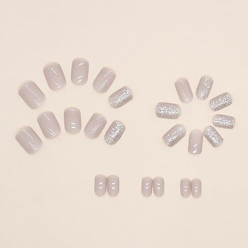 Short Press on Nails Square Press on Nails Solid Color Nude Glitter Glossy Fake Nails Full Cover Acrylic Glue on Nails Cute Stick on Nails Manicure Art for Women 24pcs