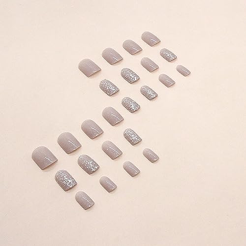 Short Press on Nails Square Press on Nails Solid Color Nude Glitter Glossy Fake Nails Full Cover Acrylic Glue on Nails Cute Stick on Nails Manicure Art for Women 24pcs