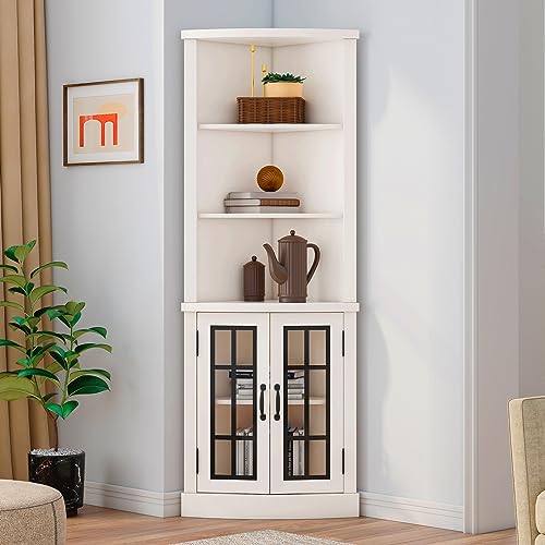 AMERLIFE Curved Corner Storage Cabinet, 65'' Tall Freestanding Bookcase with Glass Doors & Adjustable Shelves, 5-Tier Corner Display Cabinet for Living Room, Distressed White (CSC128B)