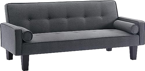 FULife 72" Convertible Loveseat Sofa Bed Sleeper Daybed,Modern Upholstered Folding Recliner,Small Futon Sofá,2 Seaters Couches with Two Pillows for Living Room/Office/Aparment/Place, Dark Grey Fabric