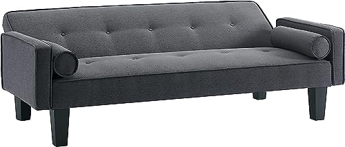 FULife 72" Convertible Loveseat Sofa Bed Sleeper Daybed,Modern Upholstered Folding Recliner,Small Futon Sofá,2 Seaters Couches with Two Pillows for Living Room/Office/Aparment/Place, Dark Grey Fabric