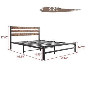 Queen Size Metal Platform Bed Frame with Rustic Vintage Wood Headboard, Strong Metal Slats Support,82" Black Bed Frame,Mattress Foundation with Storage Space,No Box Spring Needed