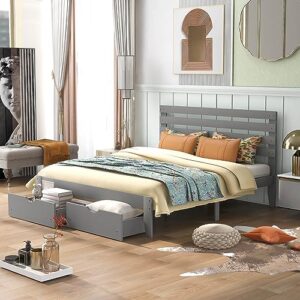 ridfy queen size wood platform bed frame with drawers,heavy duty platform bed frame with headboard,bed frame with storage,no box spring needed, easy assembly(queen) (grey)