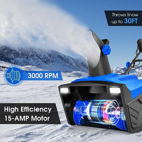 Safstar Snow Blower, 20-Inch 15-AMP Walk-Behind Snow Thrower W/LED Headlights & 180° Rotating Chute, 30FT Throwing Distance, 10" Depth Clearing Path, Electric Corded Snowblower for Driveway (Blue)