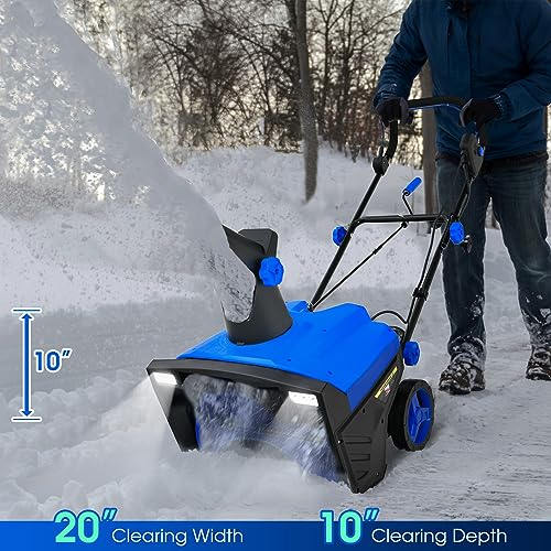 Safstar Snow Blower, 20-Inch 15-AMP Walk-Behind Snow Thrower W/LED Headlights & 180° Rotating Chute, 30FT Throwing Distance, 10" Depth Clearing Path, Electric Corded Snowblower for Driveway (Blue)